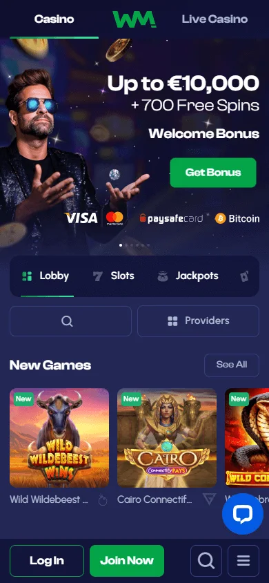 Winmaker Casino mobile home screen with casino access and promotional content