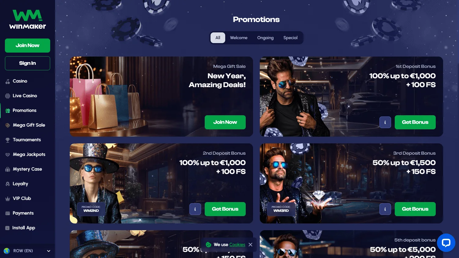 Winmaker Casino desktop promotions area with welcome and ongoing offers