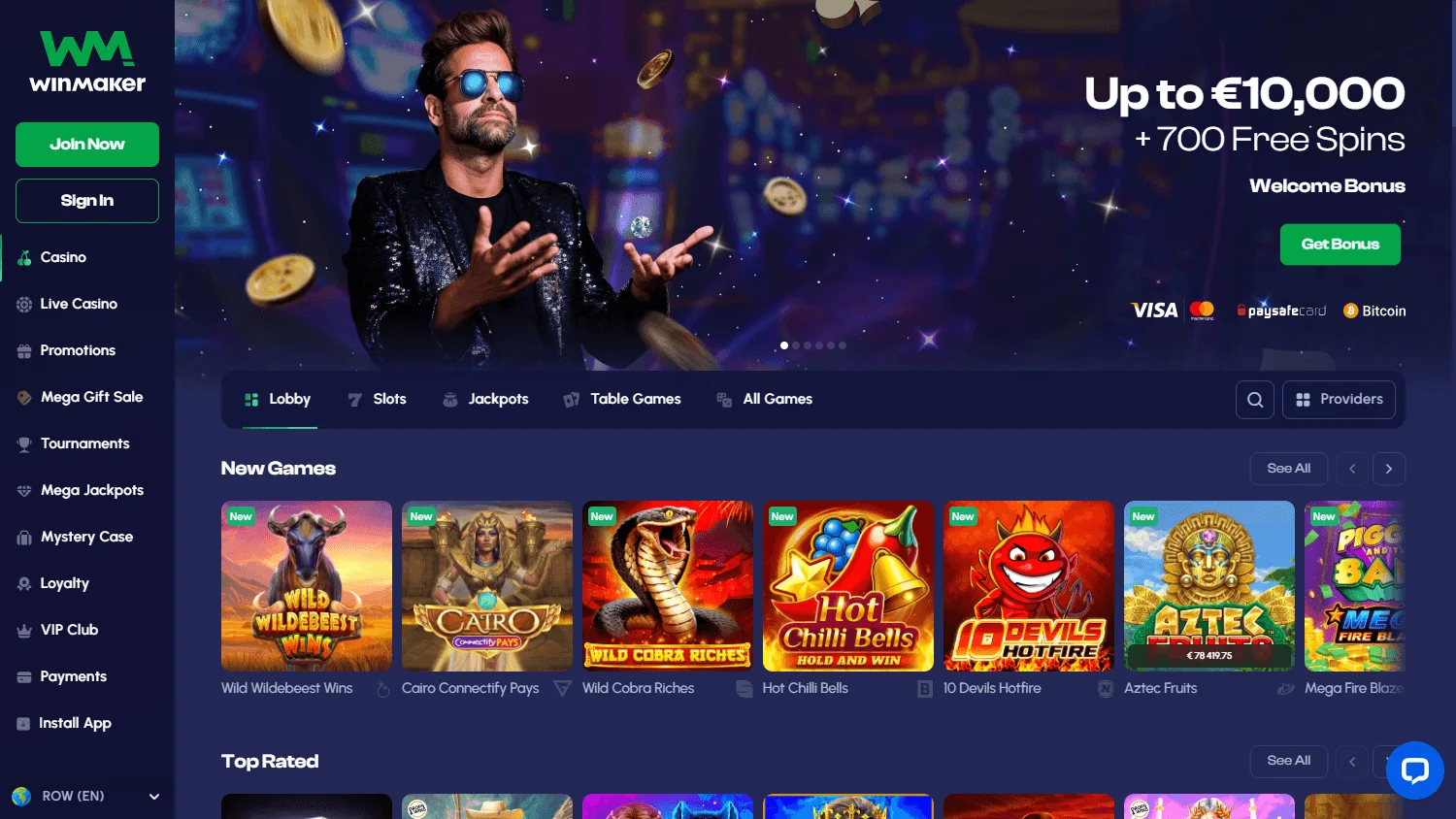 Winmaker Casino desktop home screen with casino offers and game access
