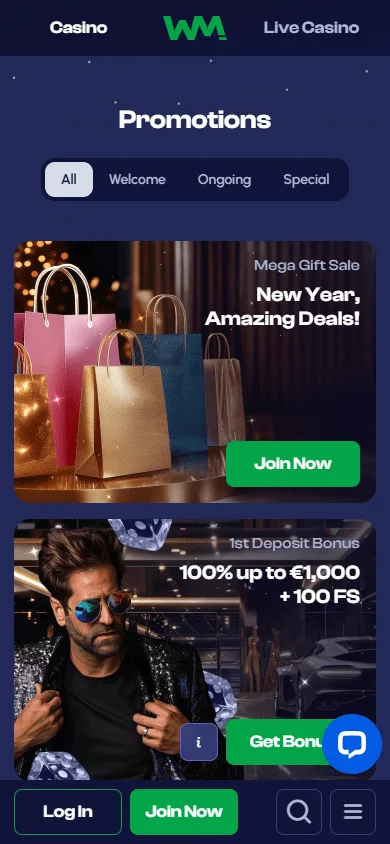 Winmaker Casino mobile promotions area with welcome offers and free spins